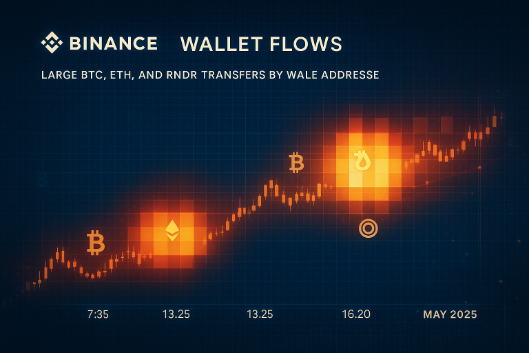 Crypto whale activity Binance May 2025 with visual heatmap of BTC and altcoin transfers