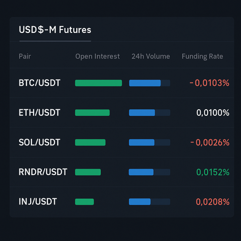 Binance USD-M futures market leaders showing top contracts by volume and open interest