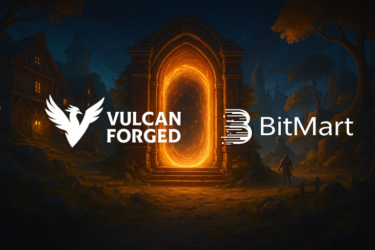 Vulcan Forged (PYR) listed on BitMart with metaverse visual and exchange branding