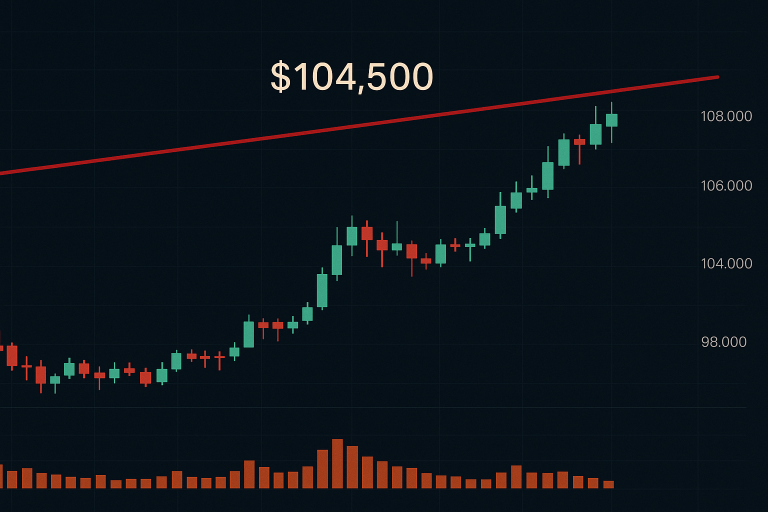 Bitcoin consolidates at $104.5K; trendline resistance visible on multi-month BTC price chart
